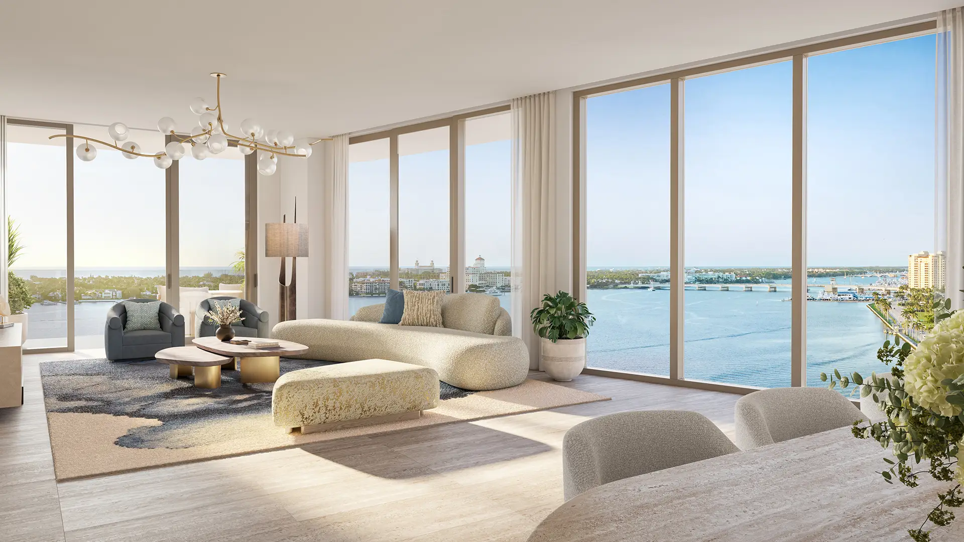 Ritz-Carlton West Palm Beach residence living room with water views Ritz-Carlton West Palm Beach residence living room with water views