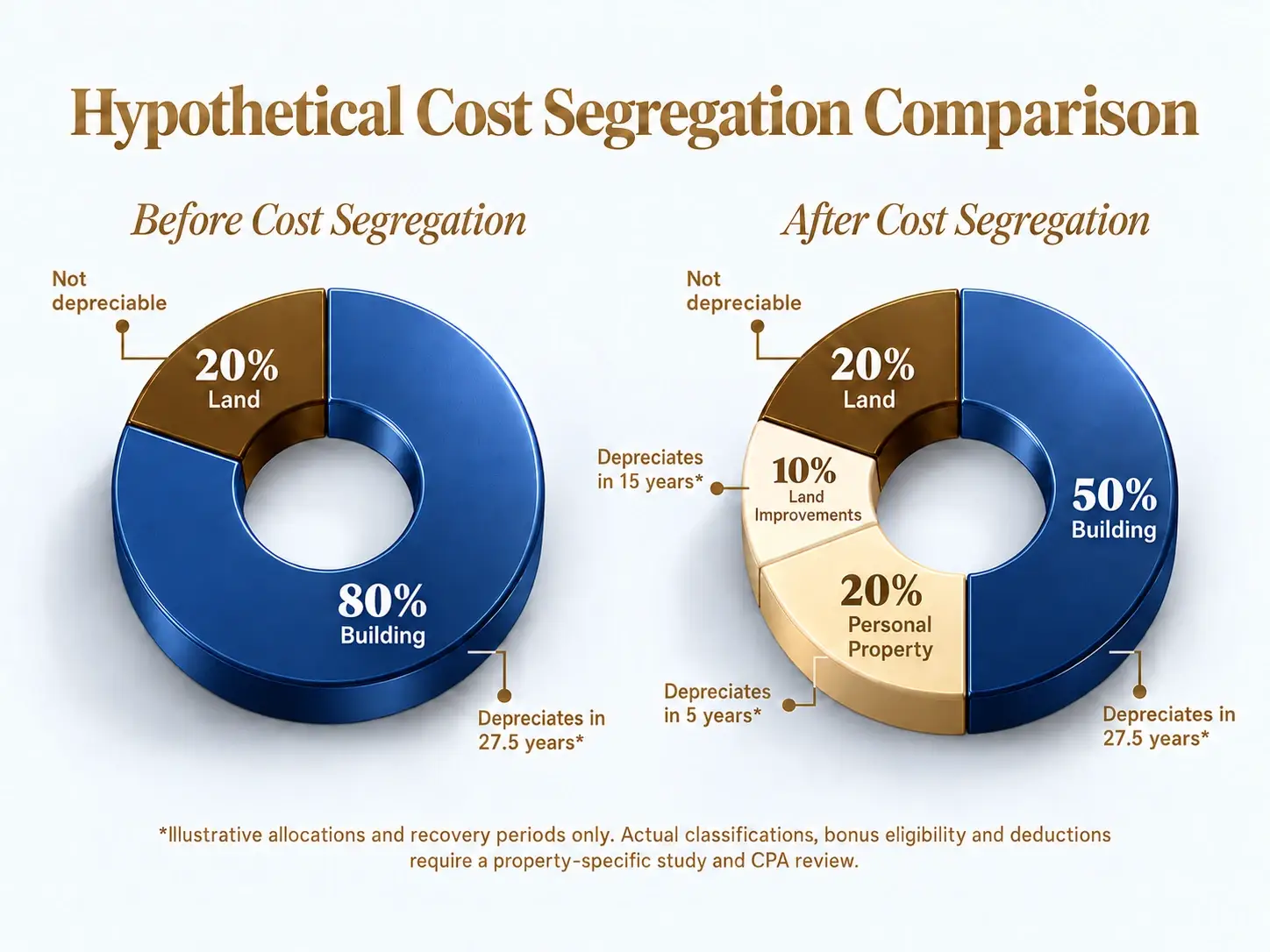 Cost segregation for short-term rentals: hypothetical before and after allocation in blue and gold 3D charts