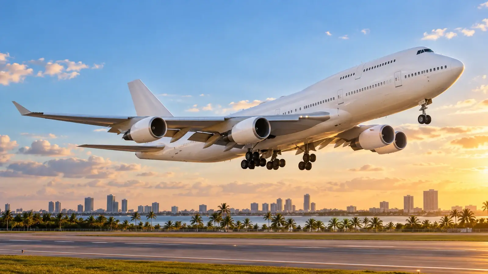Jumbo jet taking off at golden hour for the Miami Fly and Buy program