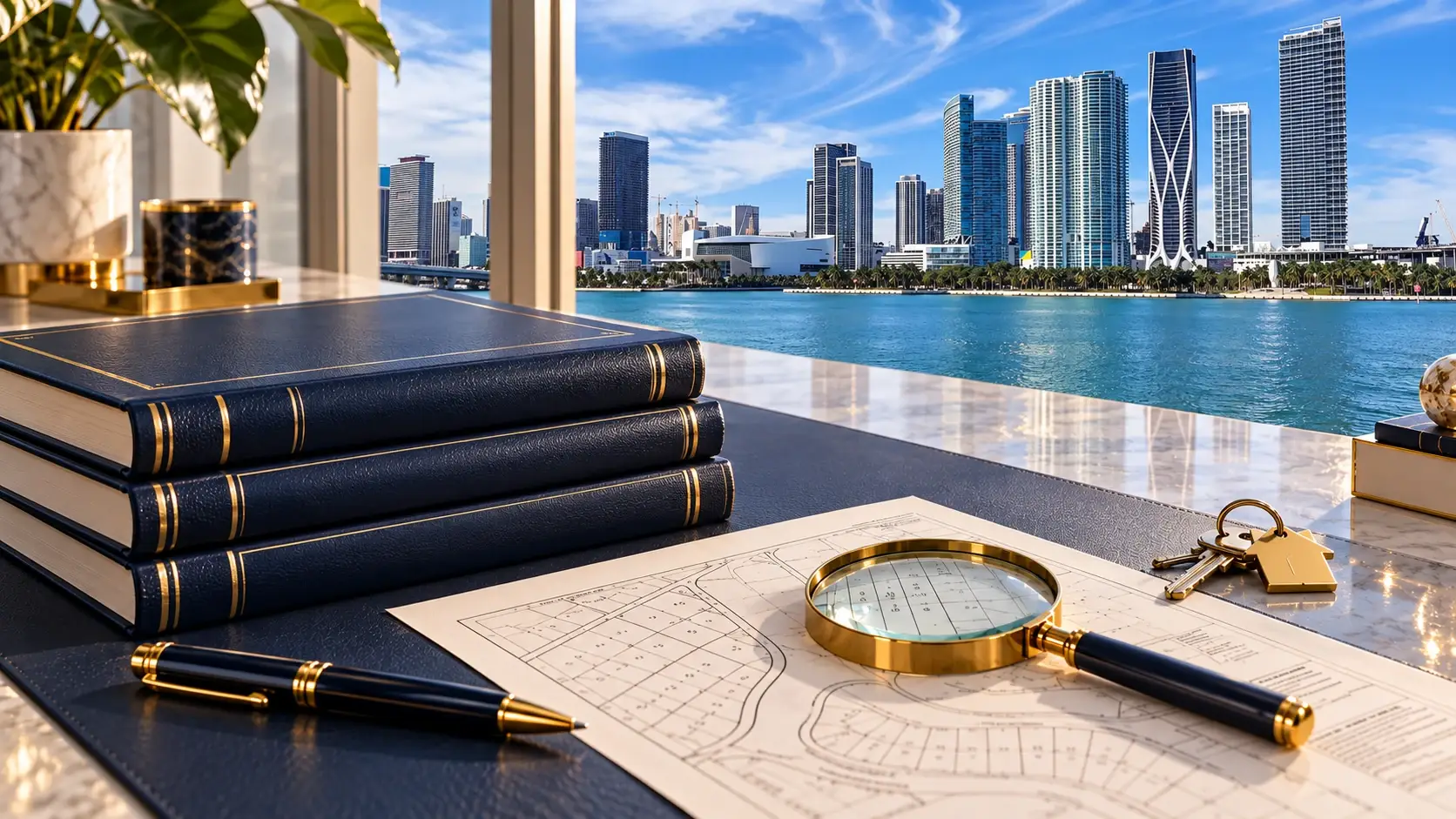Miami skyline, books and house keys illustrating the FIRPTA property buyer and seller guide